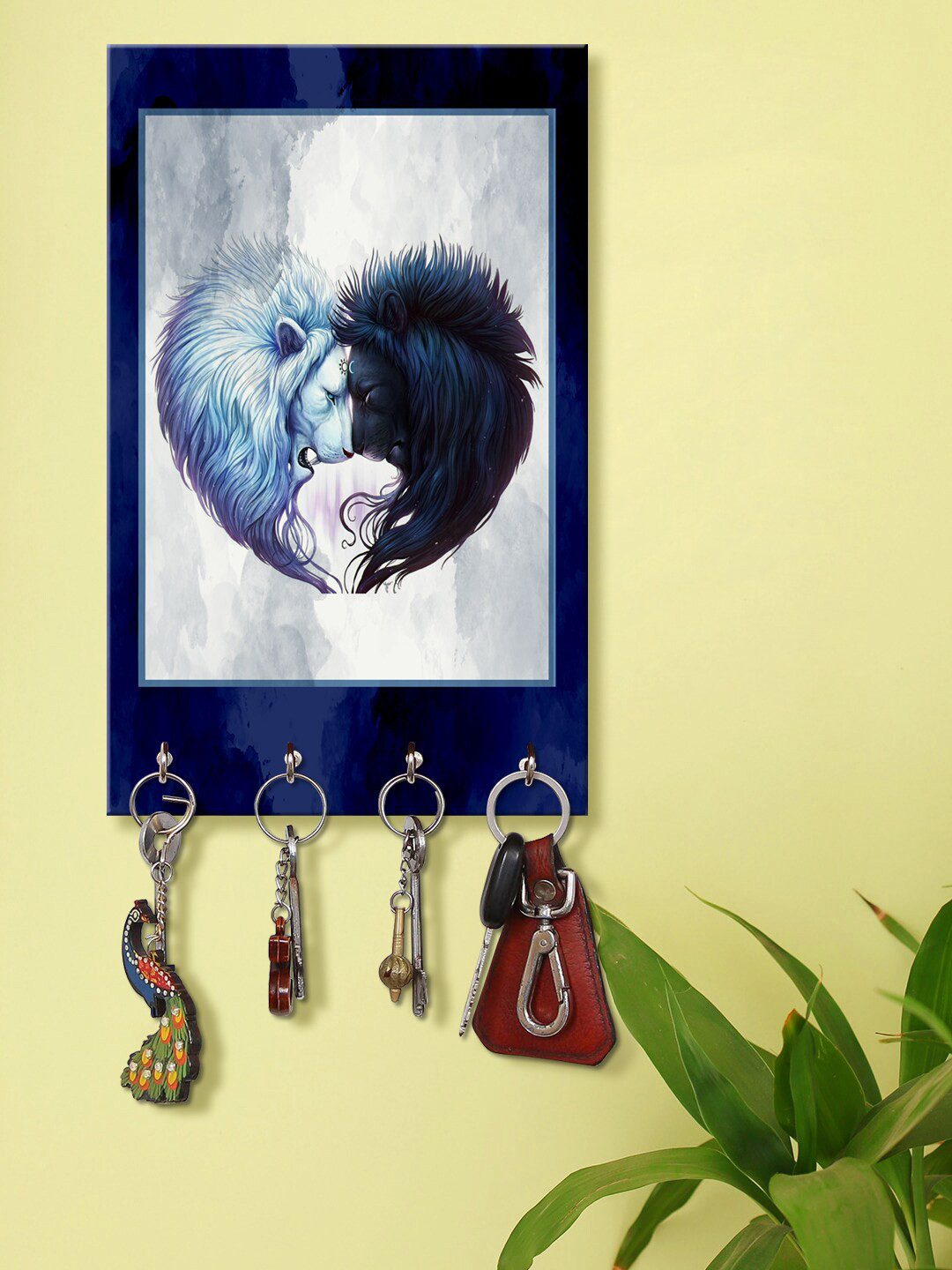 999Store Blue & Grey Lion Love Face Images Printed Key Holder With 4 Hooks