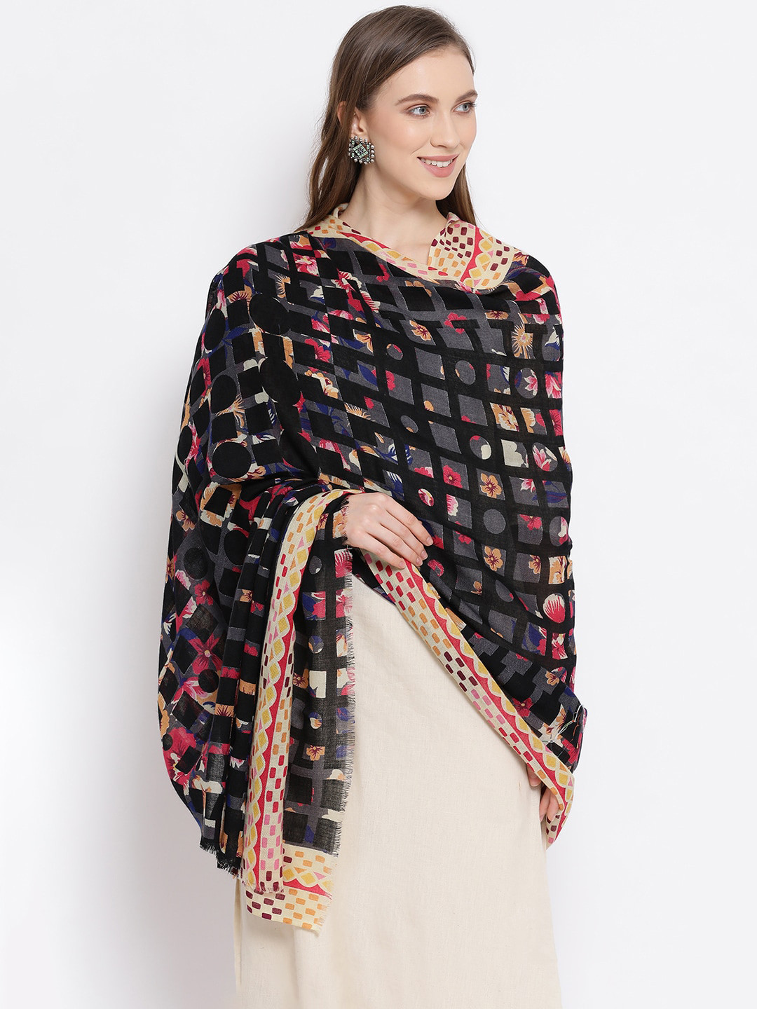 SHINGORA Women Black & Beige Flower Bar Printed Woolen Shawl