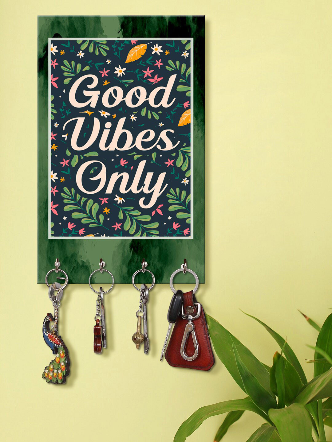 999Store Pink & Green Good Vibes Only Printed Wall Hanging Key Holder