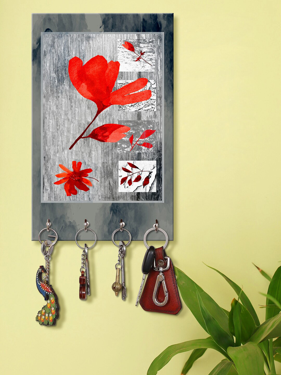999Store Grey & Red Floral Printed Wooden Keyholder