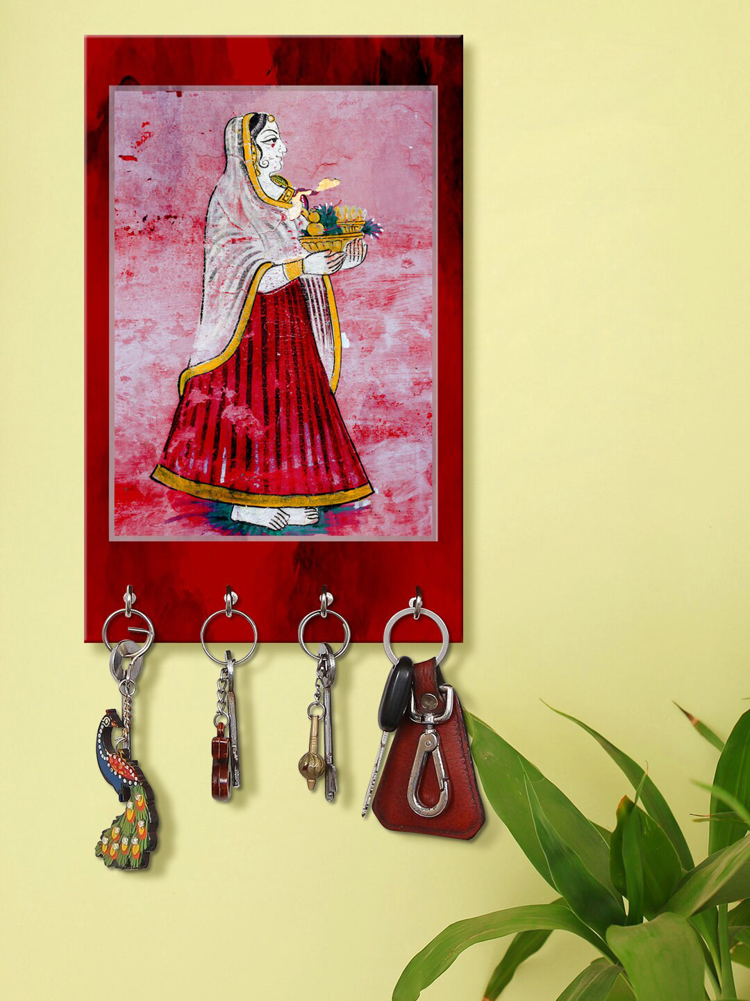 999Store Pink & Red Indian Lady Pattern Wall Hanging Key Holder