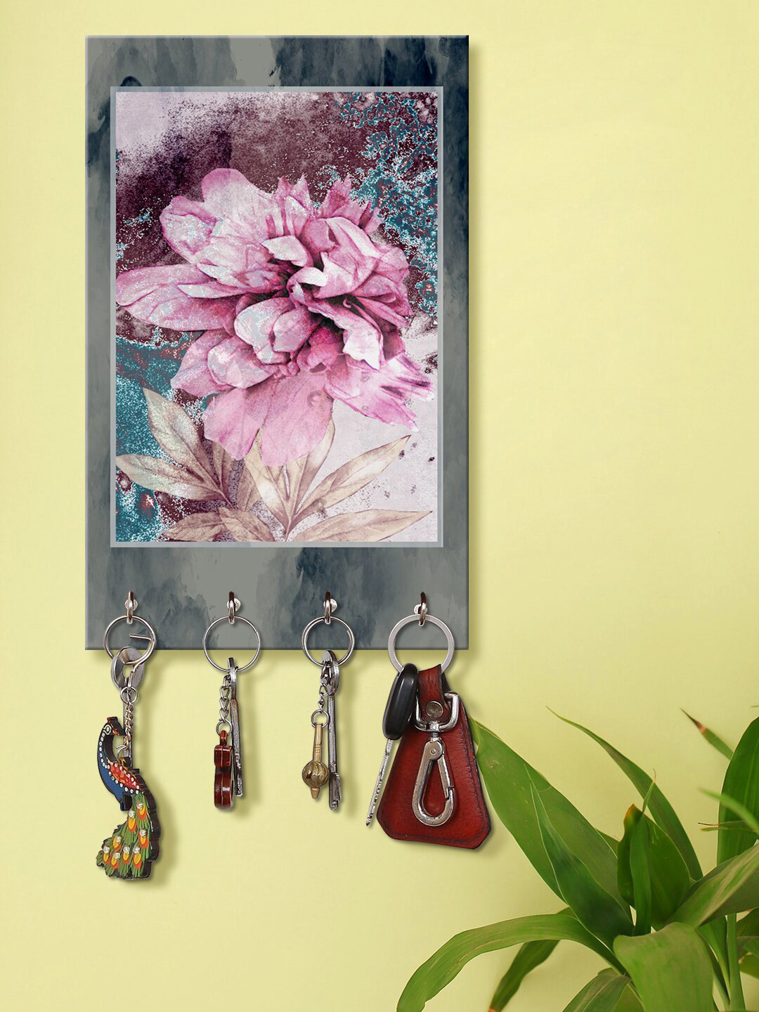 999Store Grey & Pink Aster Flower Wall Mount Wooden Keyholder