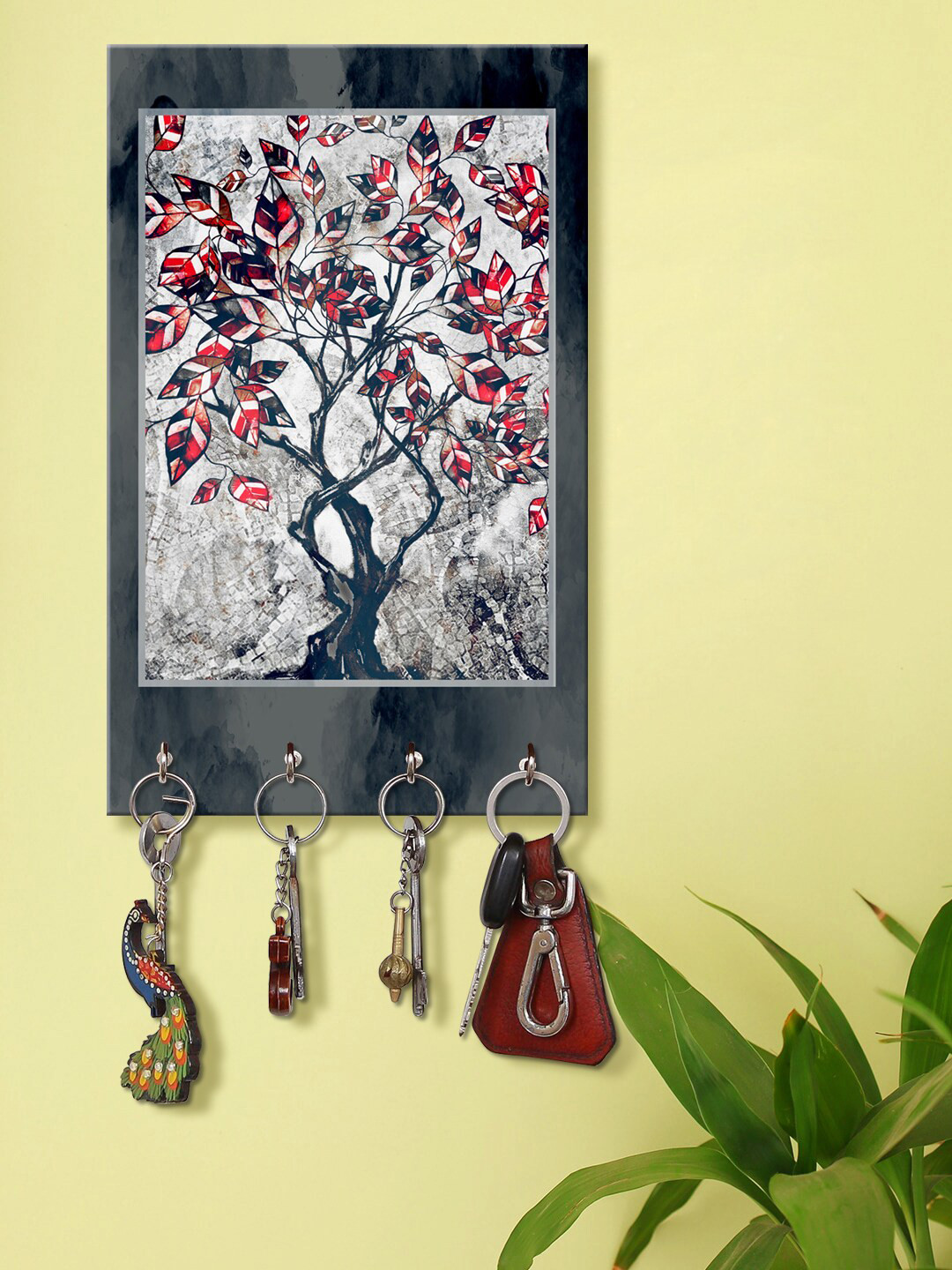 999Store Grey & Red Tree Pattern Wall Mount Wooden Keyholder