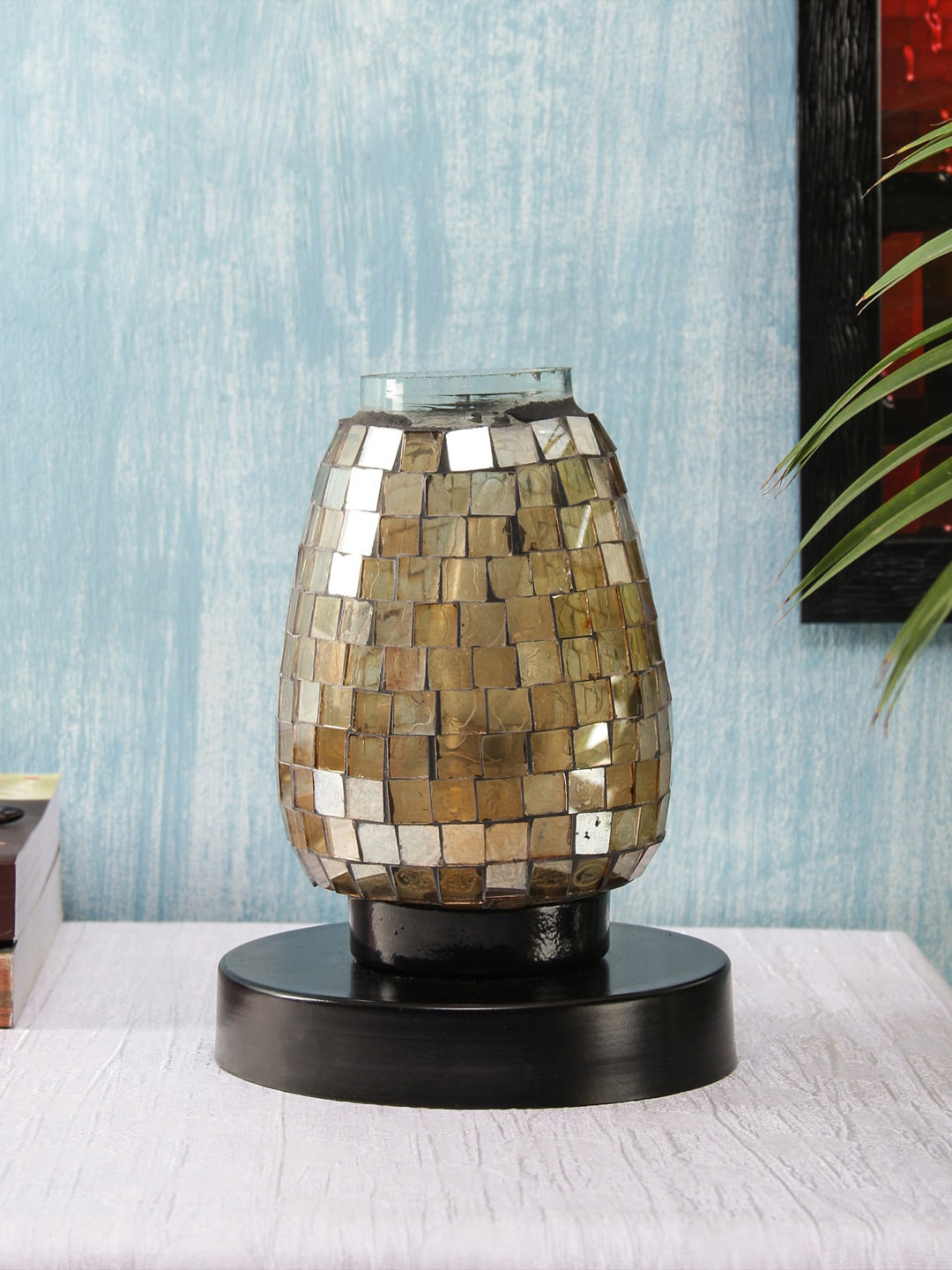 Devansh Brown Textured Traditional Mosaic Iron Novelty Lamp with Glass Shade