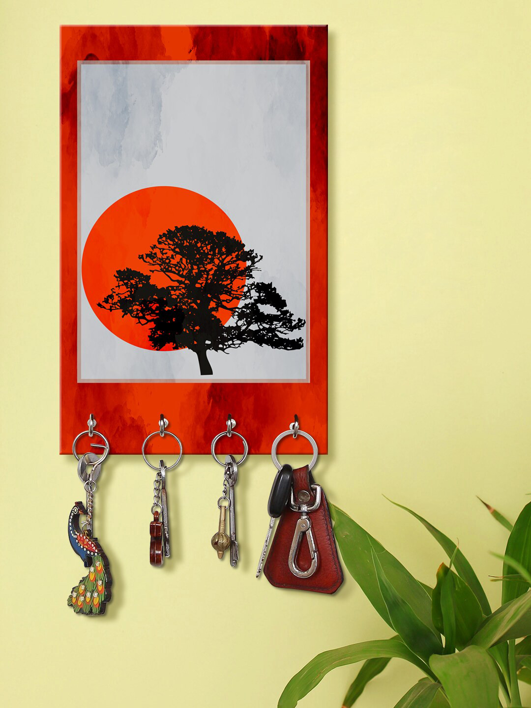 999Store Red & Grey Moon Pattern Printed Wall Hanging Key Holder