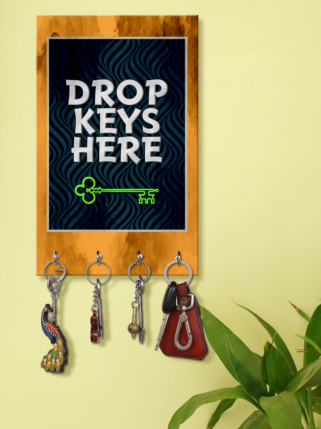 999Store Yellow & Blue Drop Keys Here Printed Key Holder With 4 Hooks