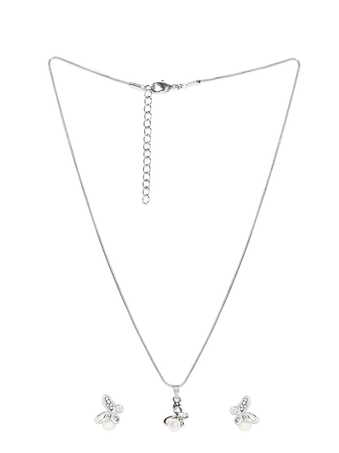 Mahi Rhodium-Plated Silver-Toned & White CZ Artificial Pearl Studded Butterfly Shaped Chain Pendant Jewellery Set