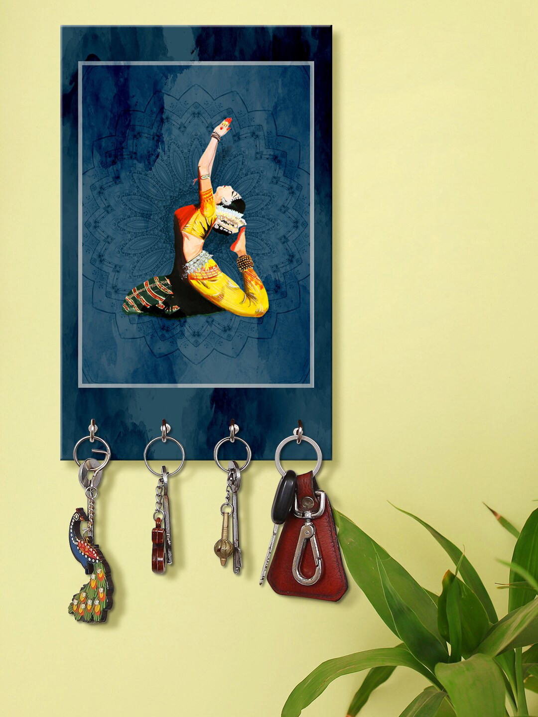 999Store Navy Blue & Yellow Indian Dance Lady Pattern Wooden Keyholder
