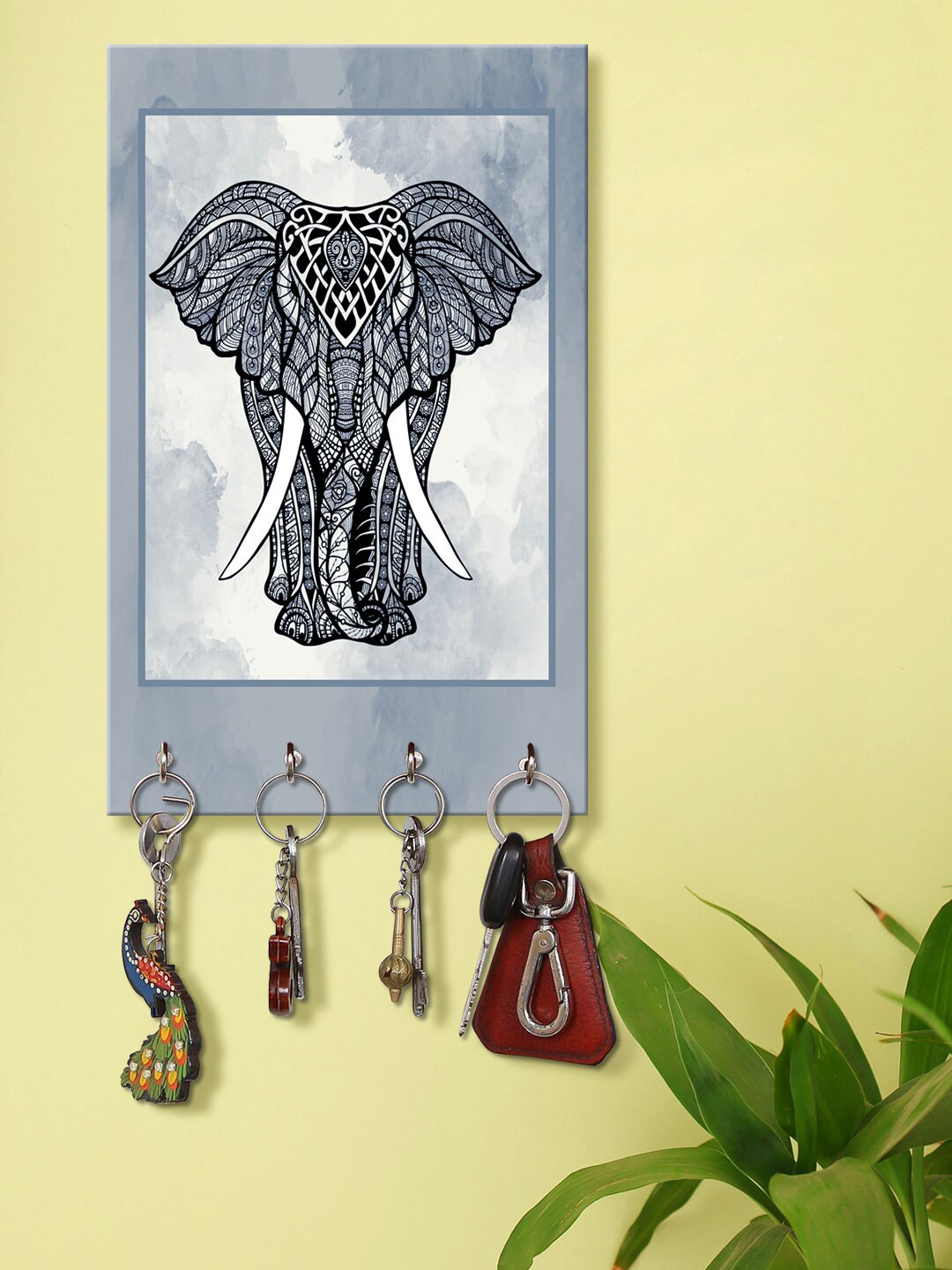 999Store Black & White Elephant Pattern Wall Hanging Key Holder