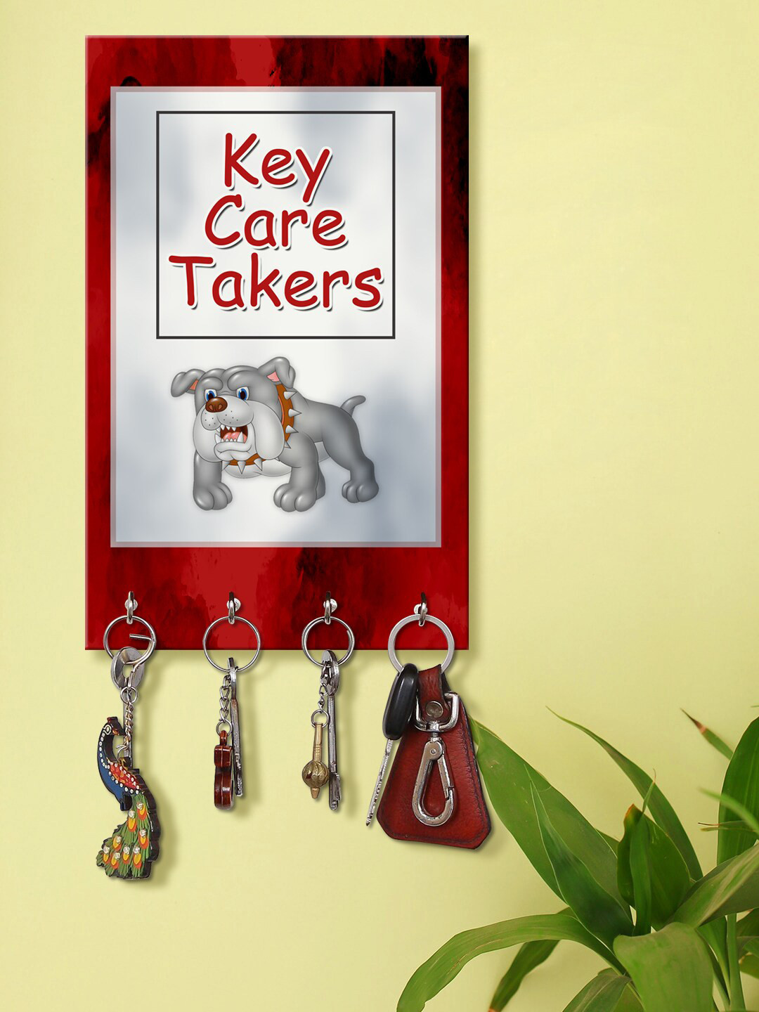 999Store Red & White Key Care Takers Printed Key Holder With 4 Hooks