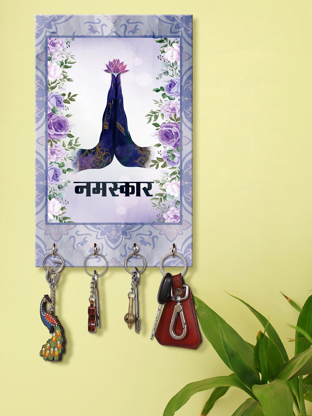 999Store Purple Decorative Hand Namaskar Printed Key Holder With 4 Hooks