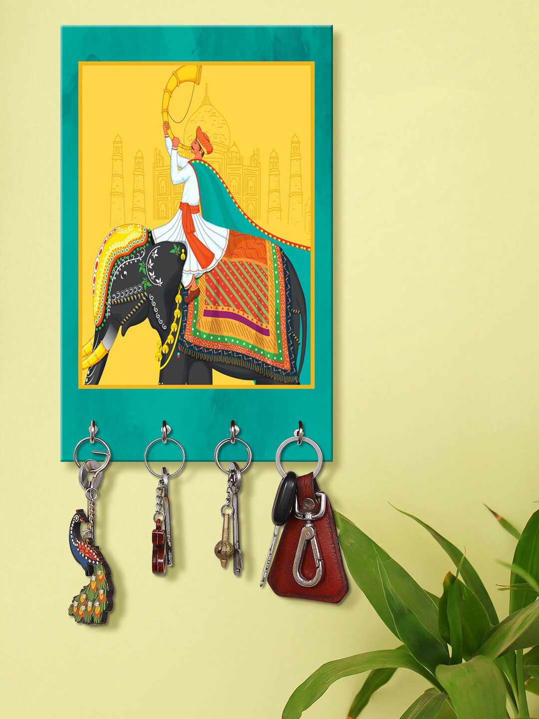 999Store Yellow & Green Mughal Art Printed Wooden Key Holder