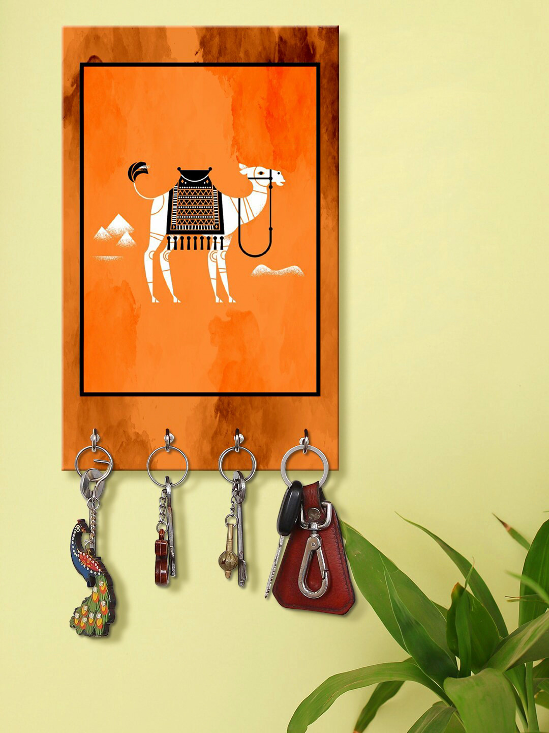 999Store Orange & White Decorative Camel Wall Mount Wooden Keyholder
