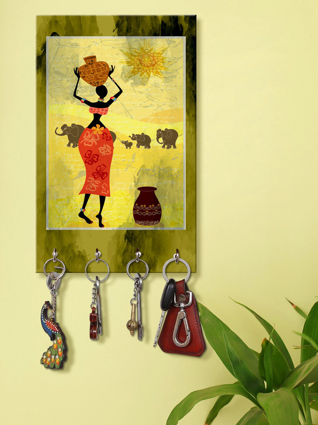 999Store Green & Red Rajasthani Lady Printed Key Holder With 4 Hooks