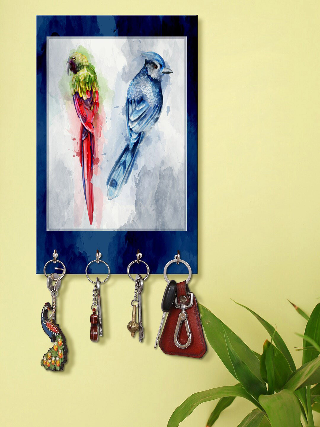 999Store Blue & White Parrot And Sparrow Wooden Keyholder
