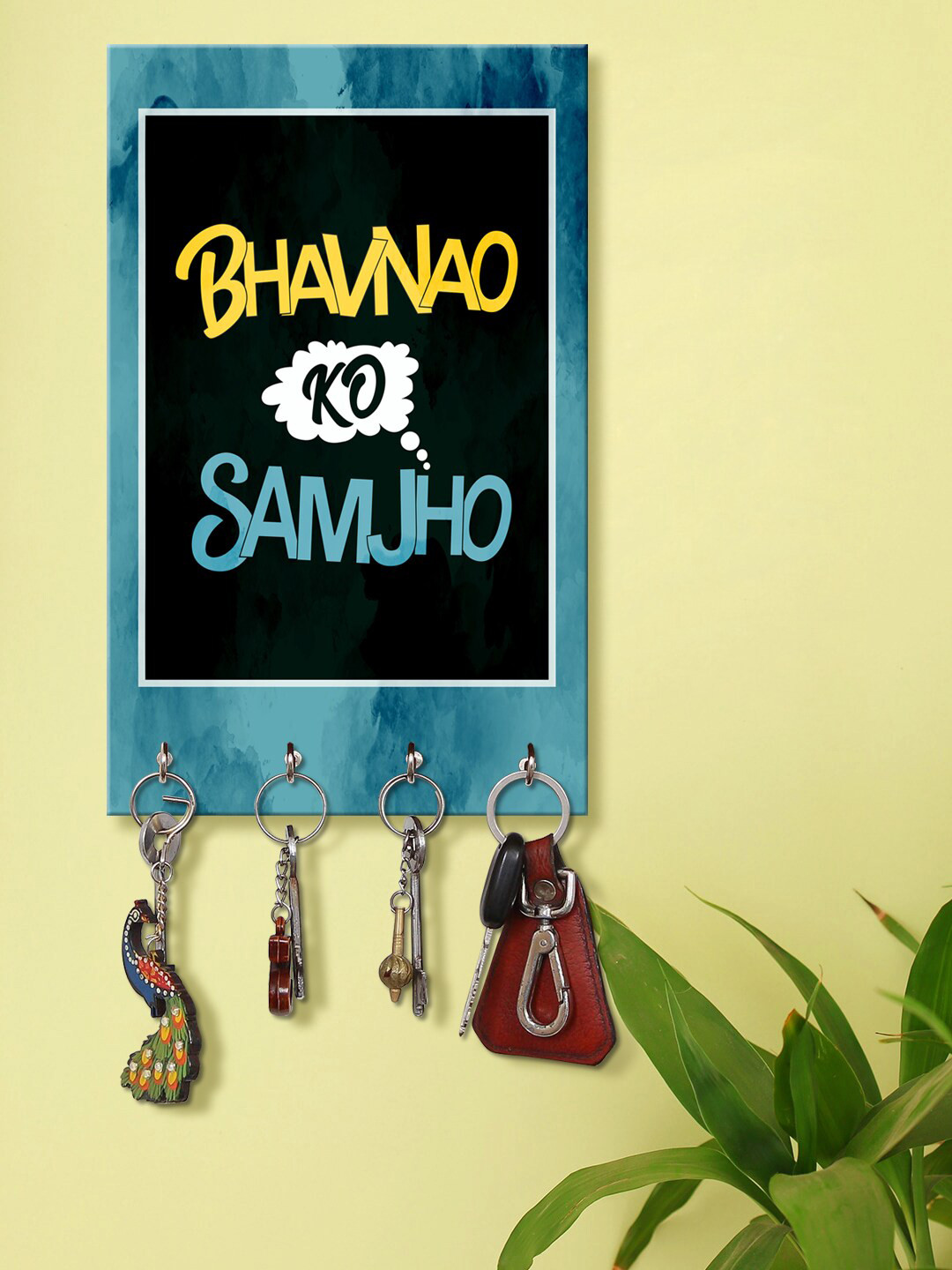 999Store Blue & Black Bhavnao Ko Smjho Printed Key Holder With 4 Hooks