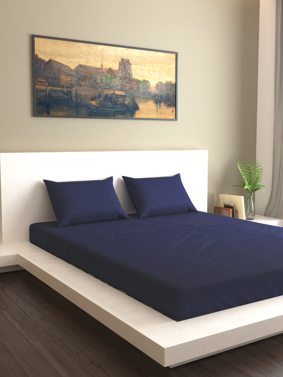 MARK HOME Navy Blue Solid Pure Cotton 210 TC King Bedsheet with 2 Pillow Covers-270 x 270 cm
