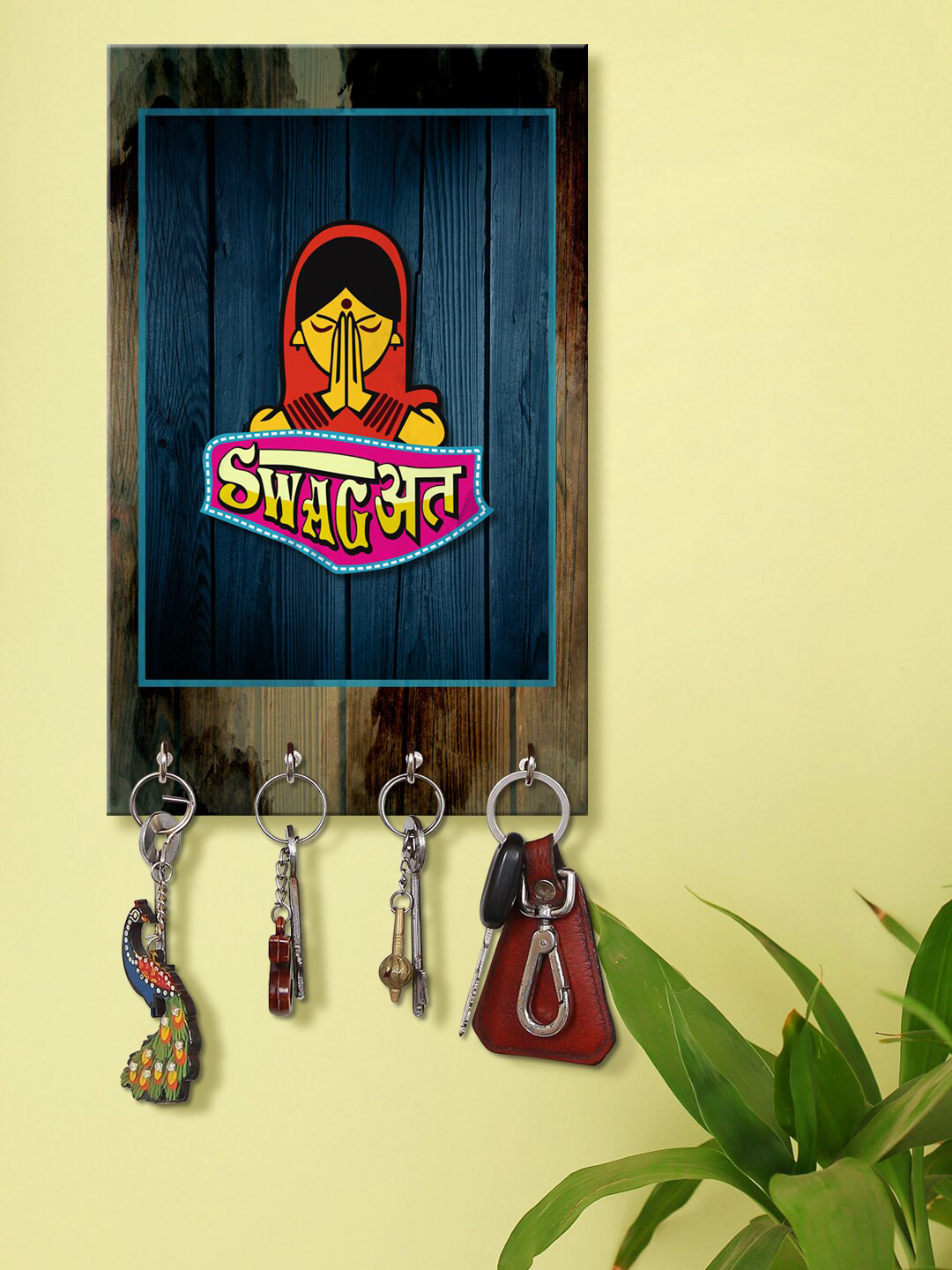 999Store Brown & Blue Lady Swagat Pattern Key Holder