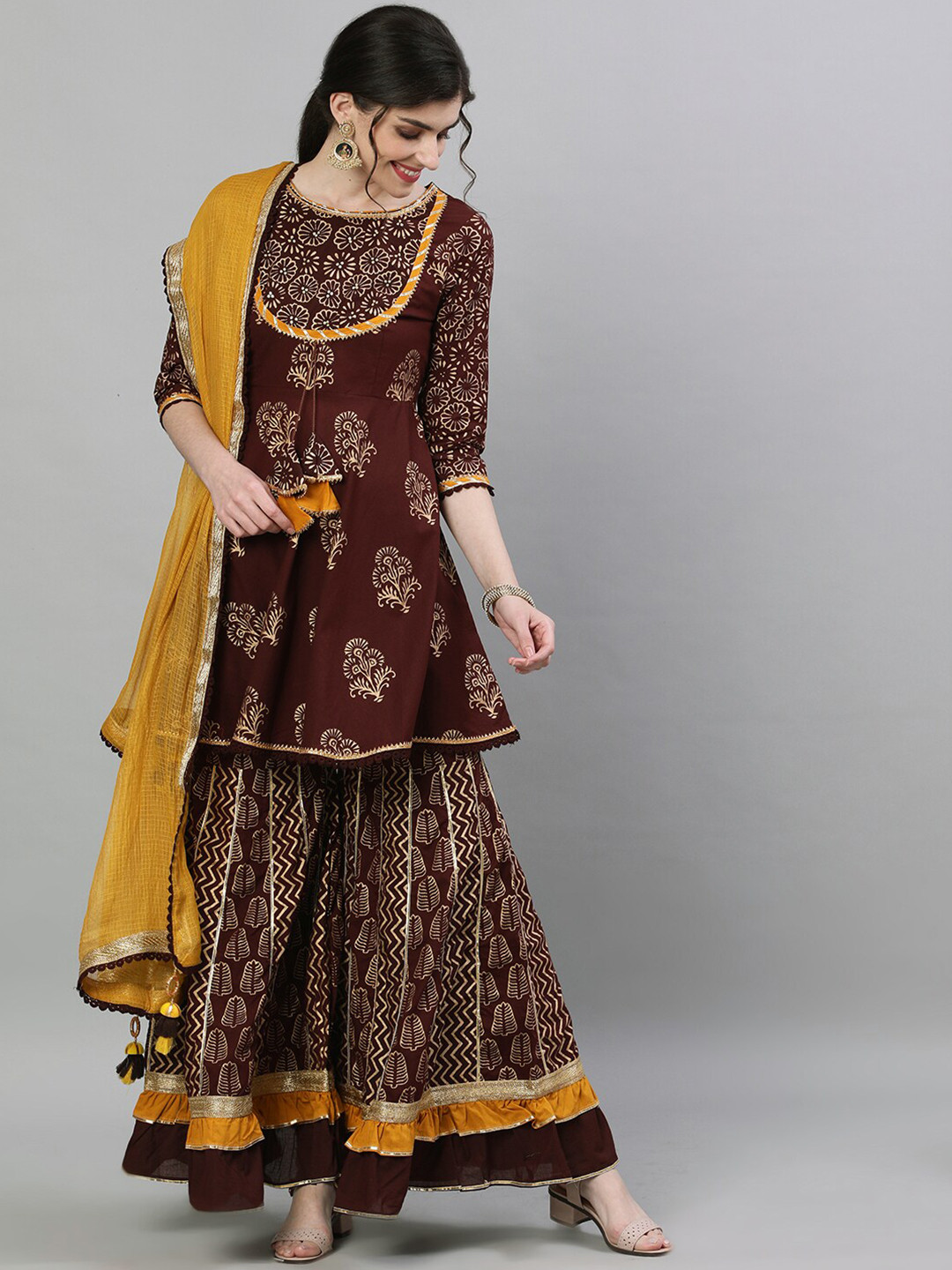 Ishin Women Brown & Gold-Toned Printed Kurti with Sharara & Dupatta