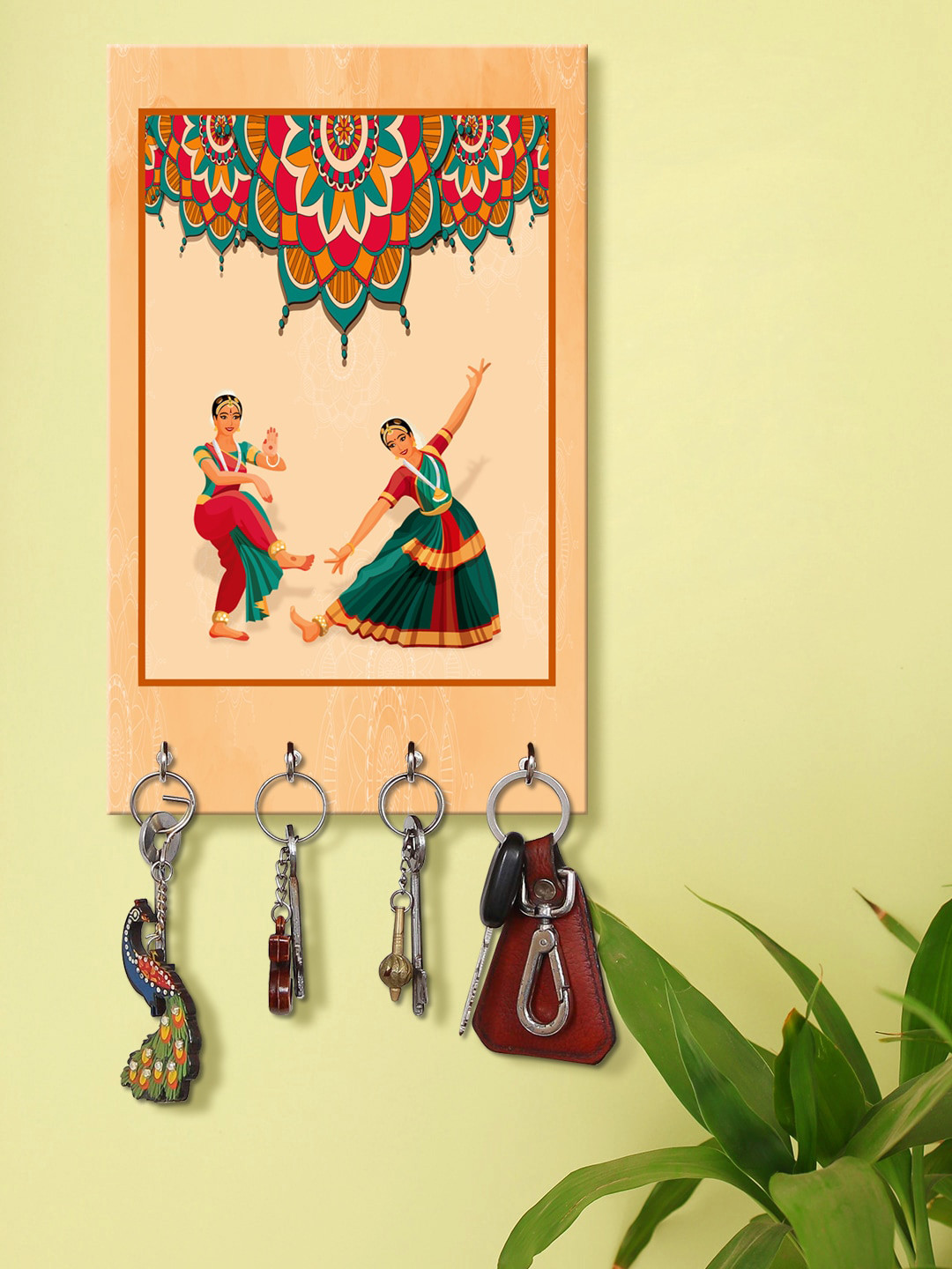 999Store Orange & Green Indian Dancing Lady Printed Wooden Keyholder