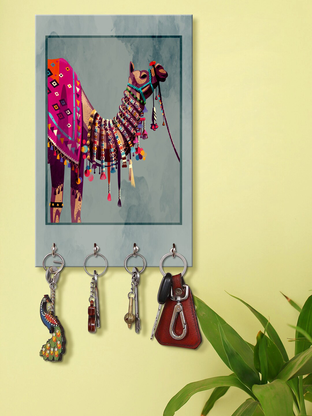 999Store Blue & Pink Decorative Camel Printed Key Holder With 4 Hooks