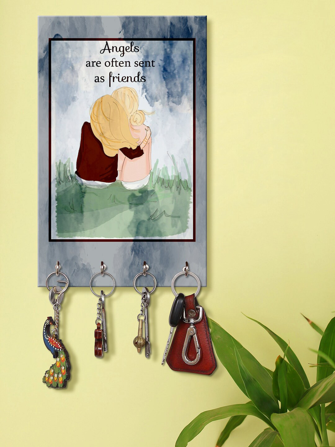 999Store Grey & White Angels Are Offer Sent as Friends Pattern Wooden Key Holder