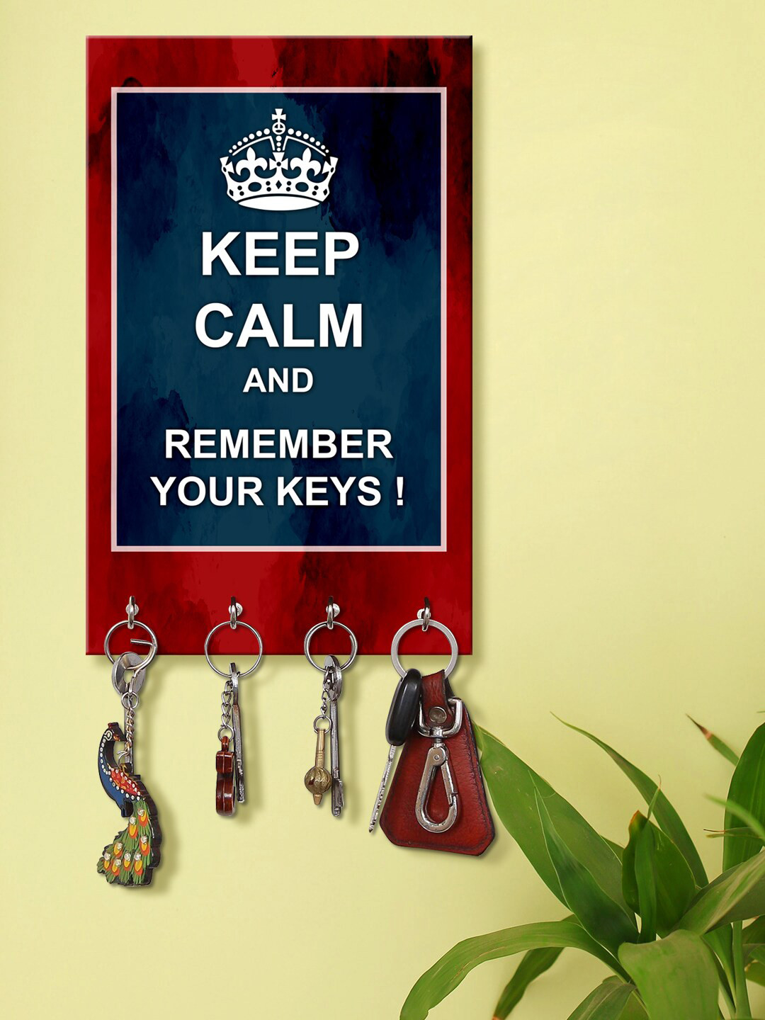 999Store Red & Blue Store Keep Clam Remember Your Keys Pattern Wooden Keyholder