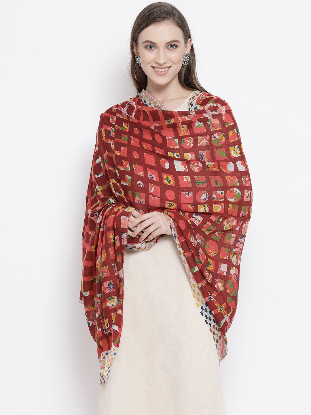 SHINGORA Women Maroon & Pink Printed Woolen Shawl