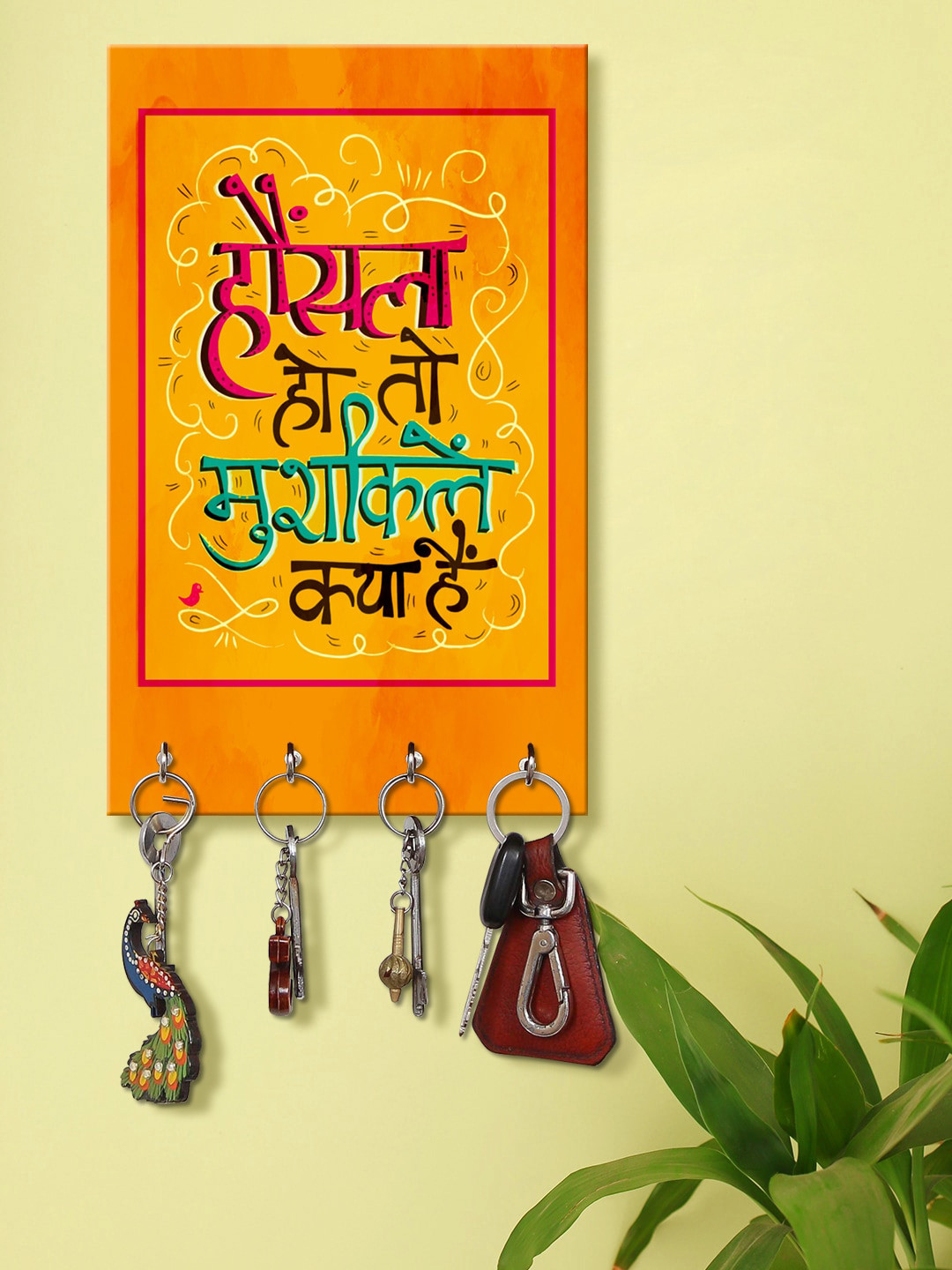 999Store Yellow & Red Hosla Ho To Mushkile Kya Hai Pattren Wooden Keyholder