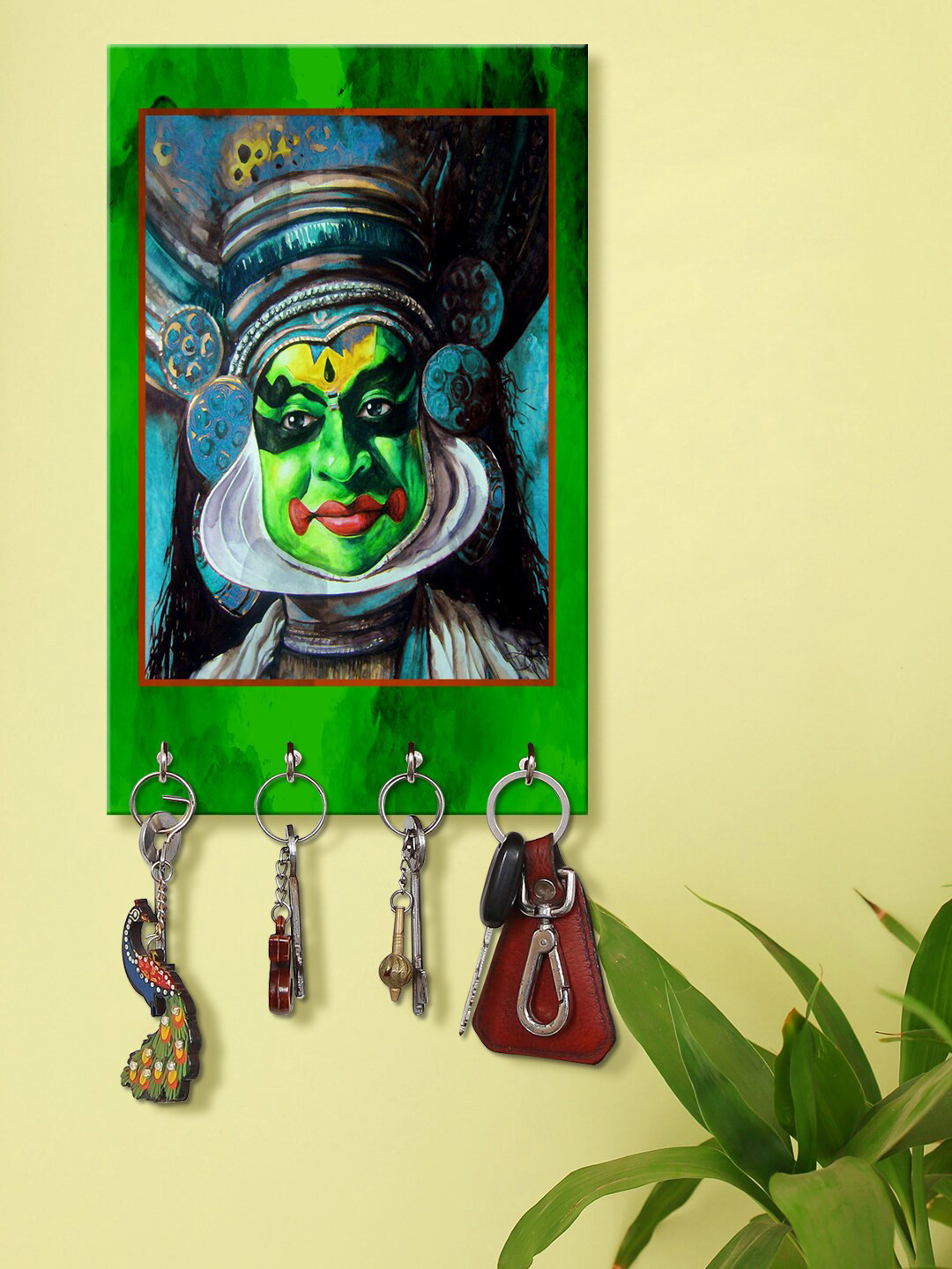 999Store Green & Blue Kathakali Face Printed Key Holder With 4 Hooks
