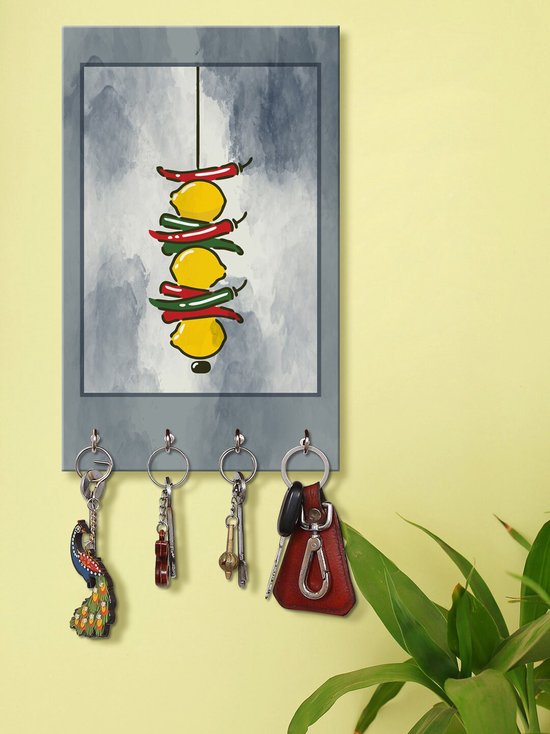 999Store Yellow & Grey Nimbu Mirch Printed Wall Hanging Key Holder