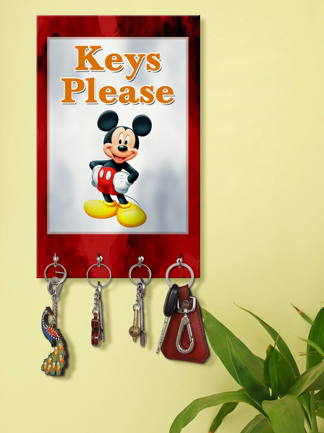 999Store Red & White Keys Please Printed Key Holder With 4 Hooks