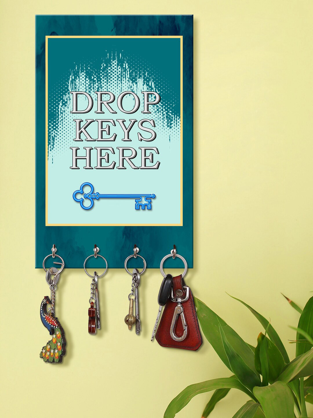 999Store Blue Drop Keys Here Printed Key Holder With 4 Hooks