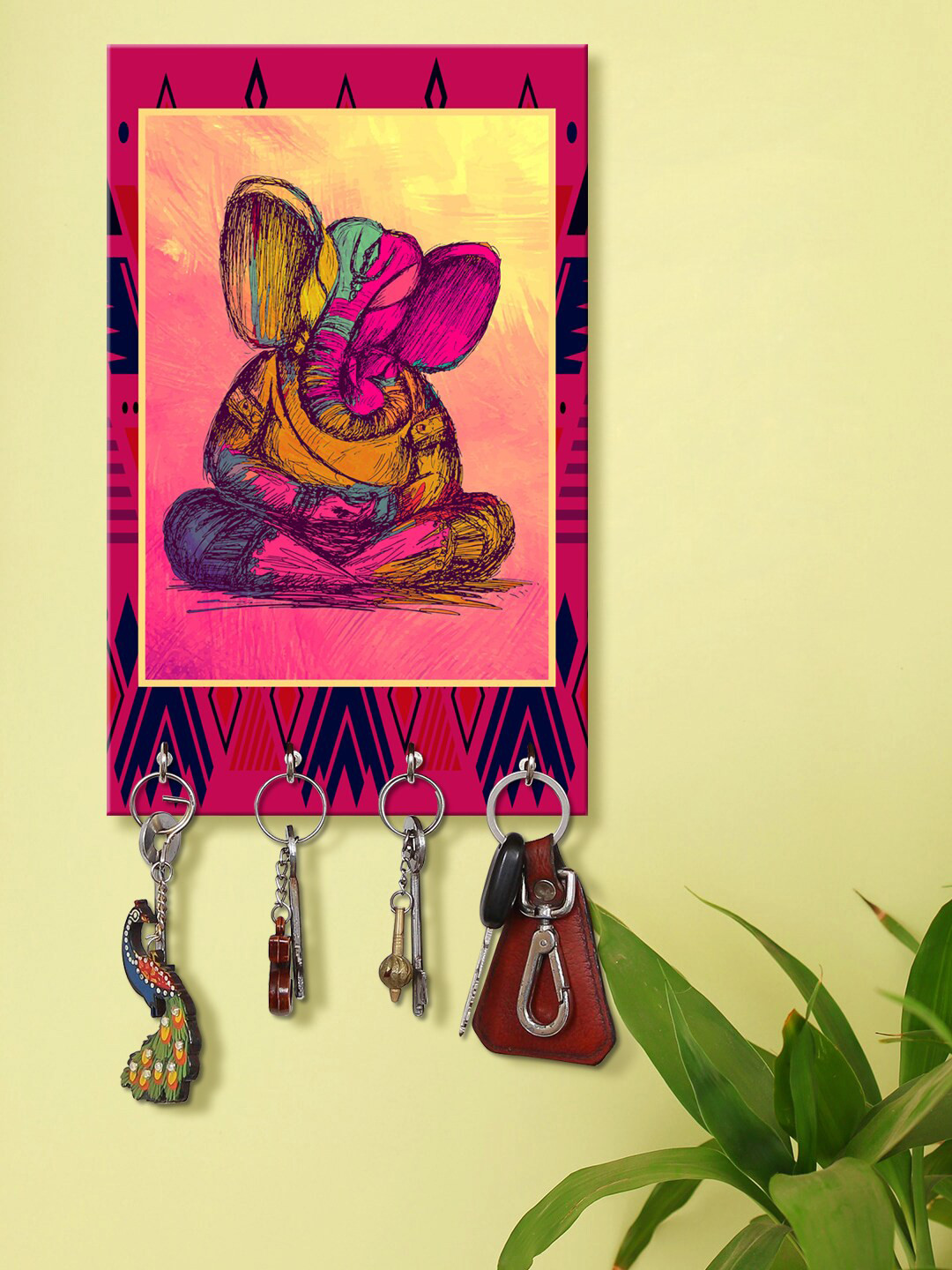 999Store Pink & Yellow Decorative Ganesha Printed Key Holder With 4 Hooks
