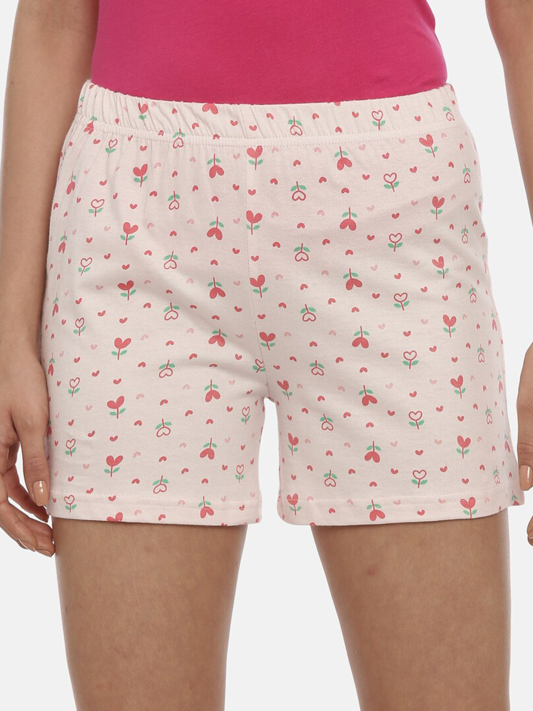 Curare Women Pink & Green Printed Cotton Lounge Shorts
