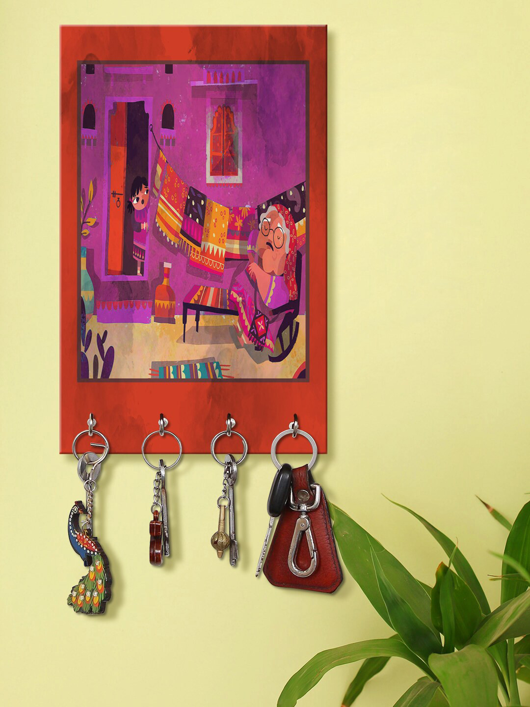 999Store Red & Purple Old Lady And Small Little Girls Pattern Wooden Key Holder