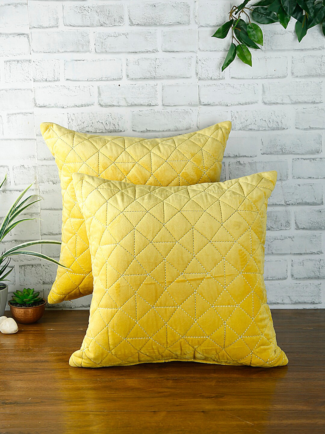 eyda Set of 2 Yellow Textured Square Velvet   Cushion Covers