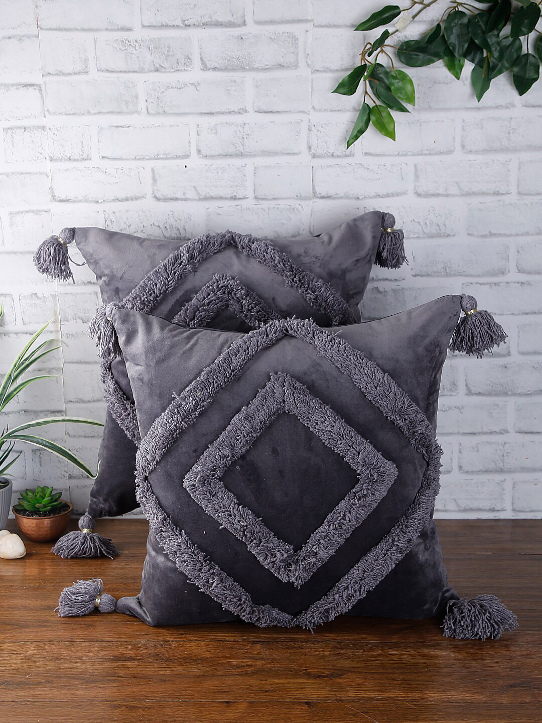 eyda Set of 2 Grey Textured Square Velvet Sustainable Cushion Covers