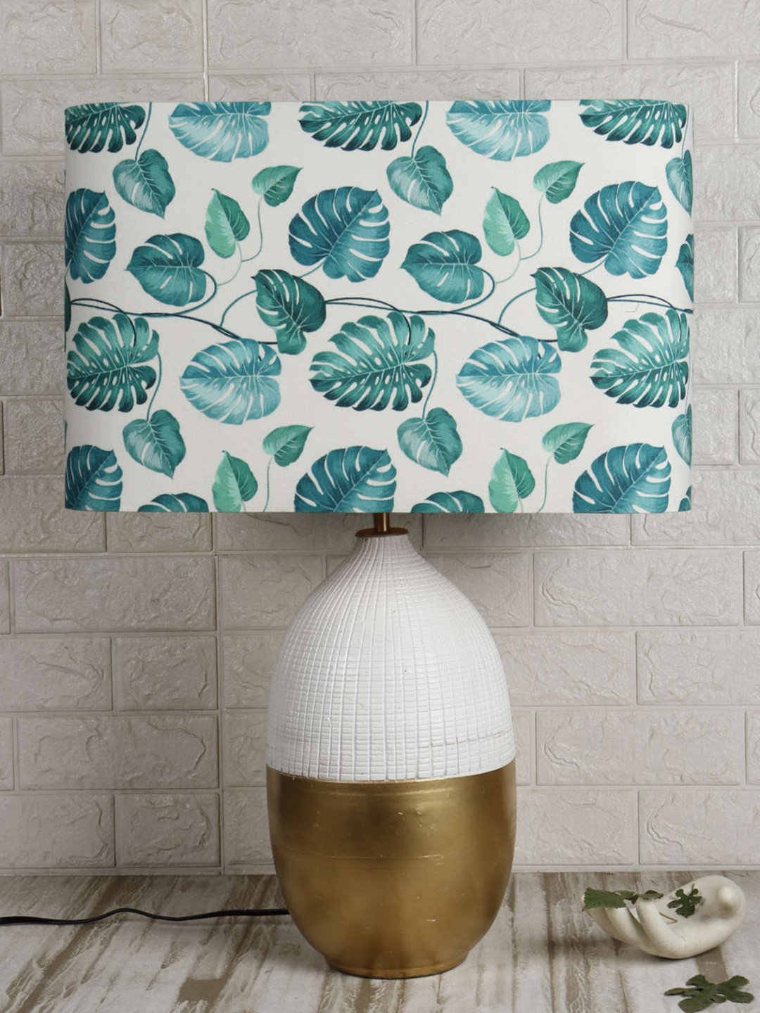 Grated Ginger White & Green Leaf Printed Rectangular Shaped Lampshade
