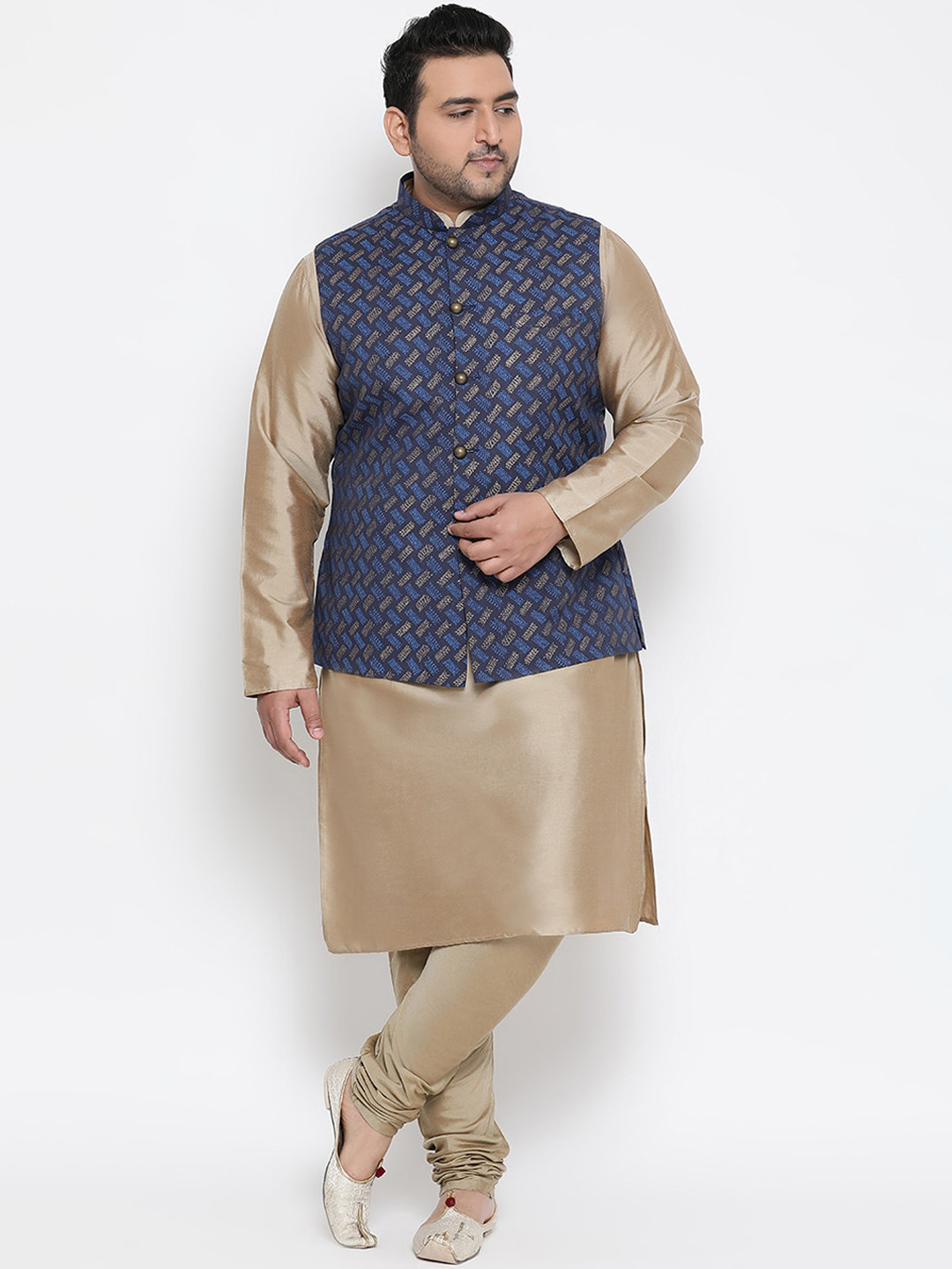 KISAH PLUS Men Navy Blue & Khaki Solid Kurta with Churidar