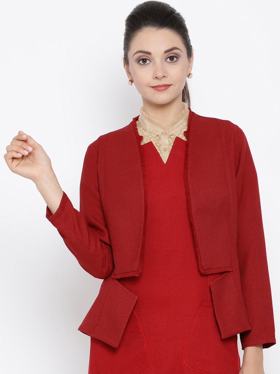 OFFICE & YOU Women Red Solid Tailored Jacket