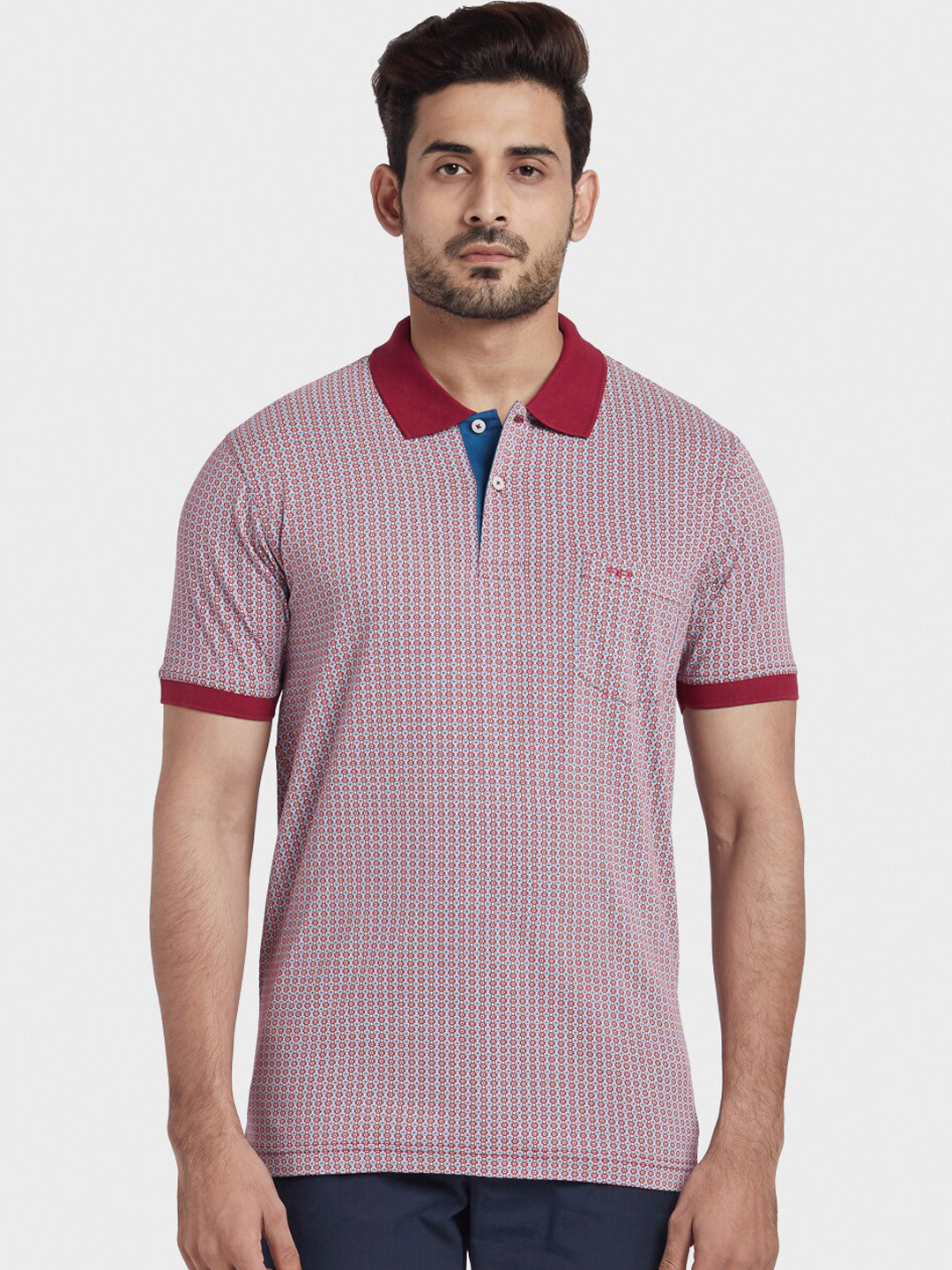 ColorPlus Men Maroon & White Printed Polo Collar T-shirt