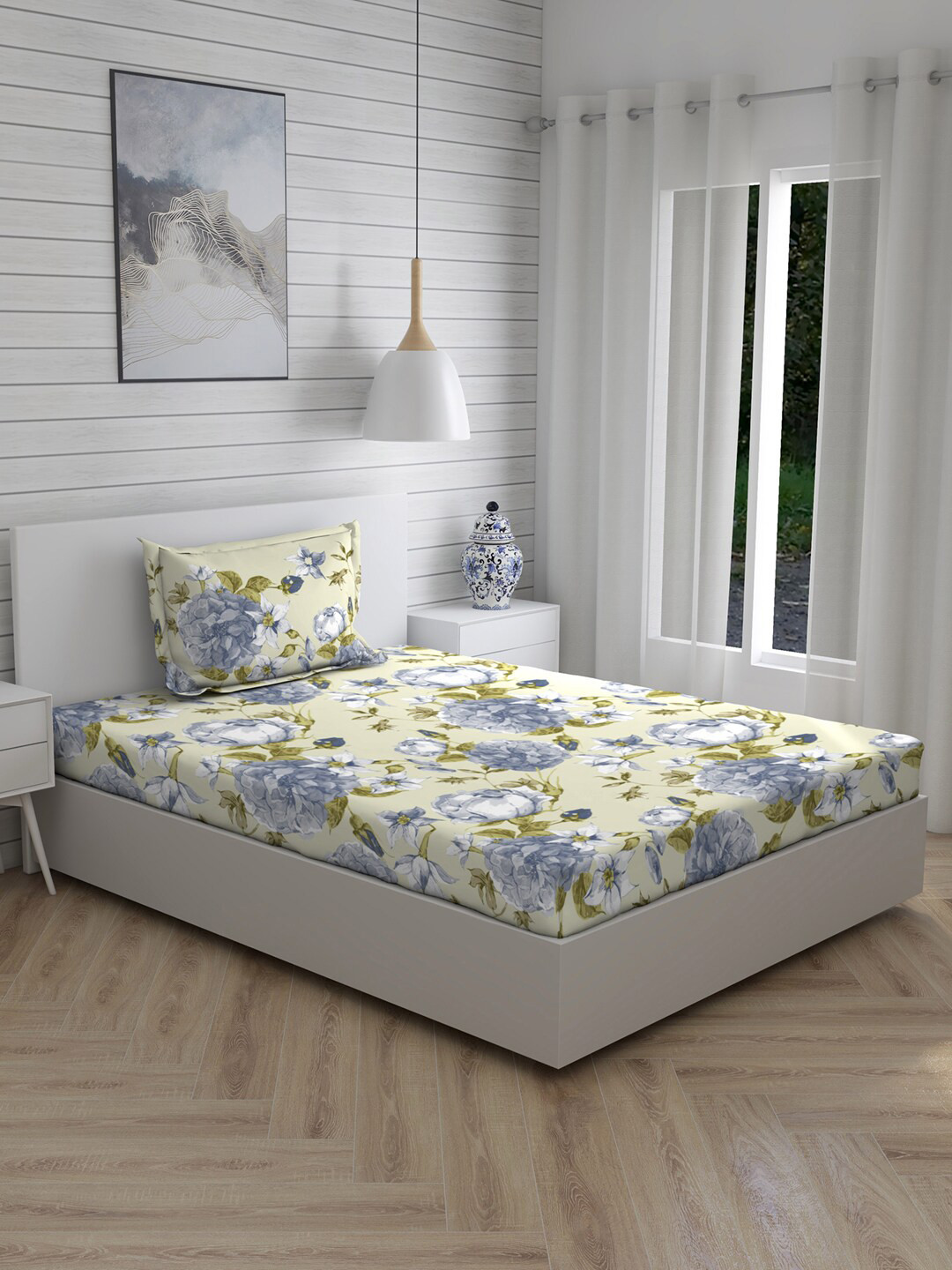 Layers Grey & Blue Printed 104 TC 1 Single Bedsheet With 1 Pillow Cover