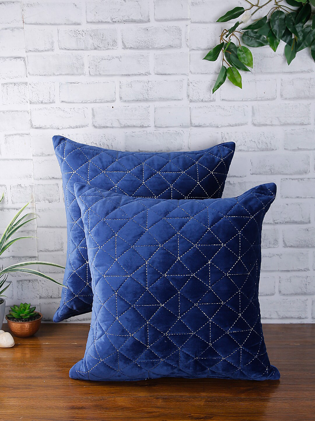 eyda Set of 2 Blue Textured Square Velvet Sustainable Cushion Covers