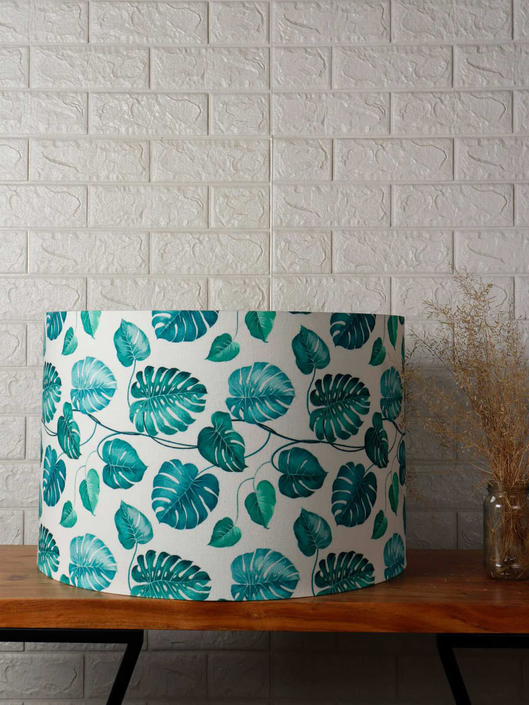 Grated Ginger White & Teal Green Floral Printed Cylindrical Shaped Lampshade