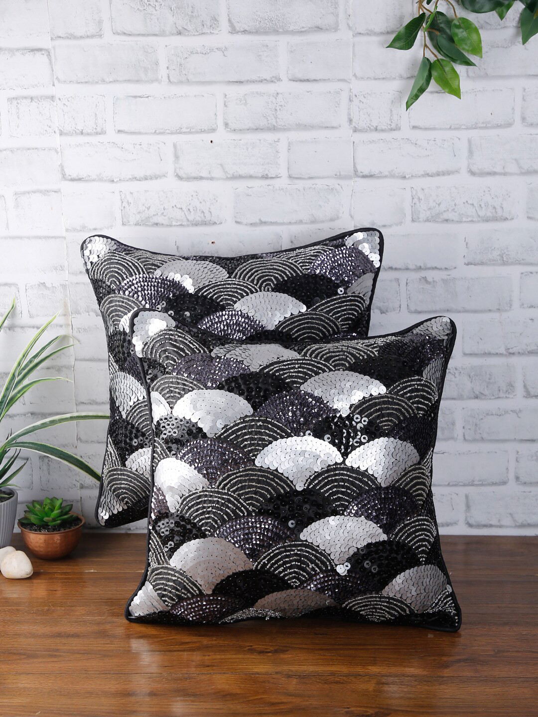 eyda Set of 2 Black & Silver-Coloured Embellished Square Velvet   Cushion Covers