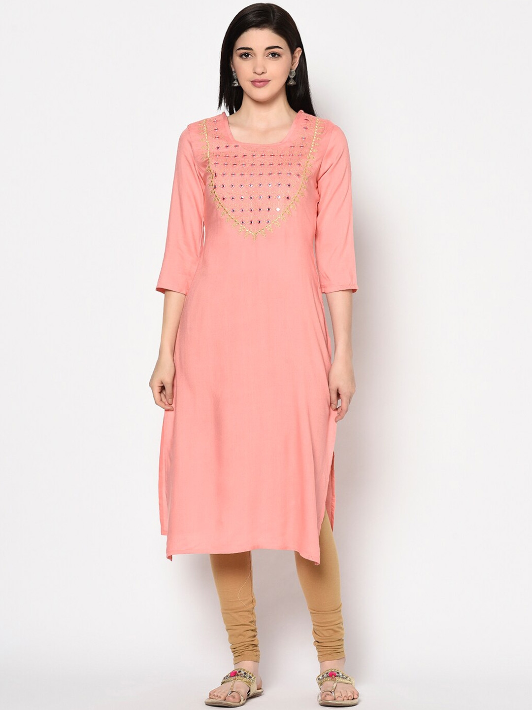 GULMOHAR JAIPUR Women Peach Yoke Design Straight Kurta