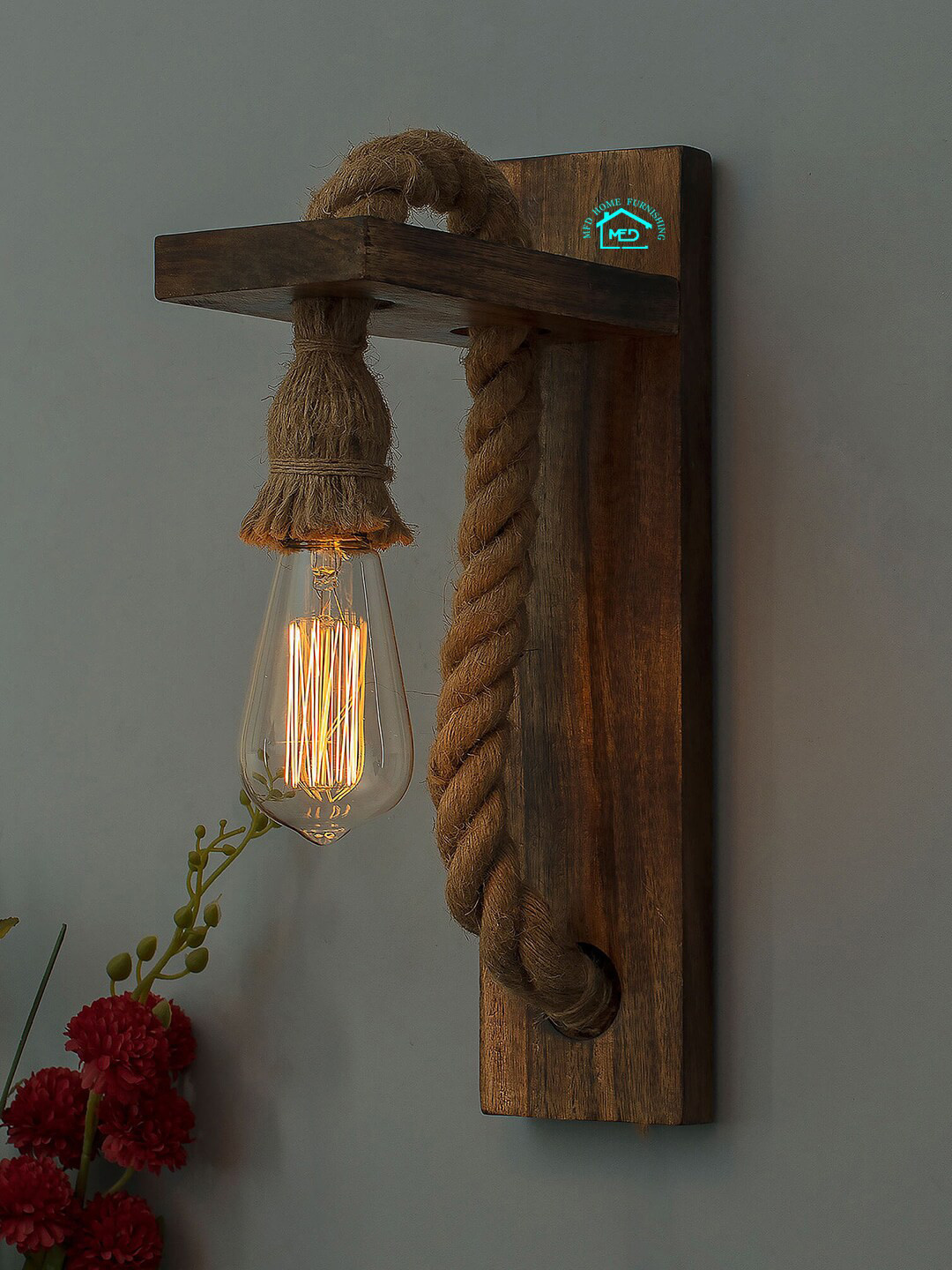 MFD HOME FURNISHING Brown Textured Contemporary Wooden Armed Sconce Lamp