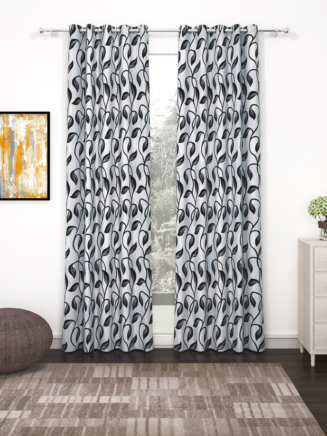 Bedspun Set Of 2 Black & White Printed Polyetser Eyelet Ringtop Door Curtains