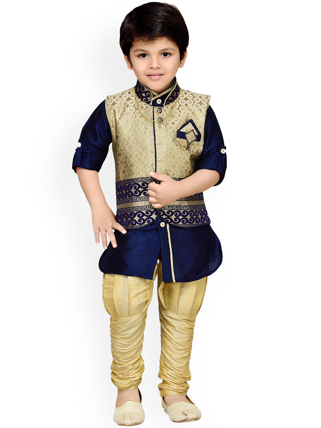 Aj DEZInES Boys Blue & Beige Solid Kurta with Pyjamas and Nehru Jacket
